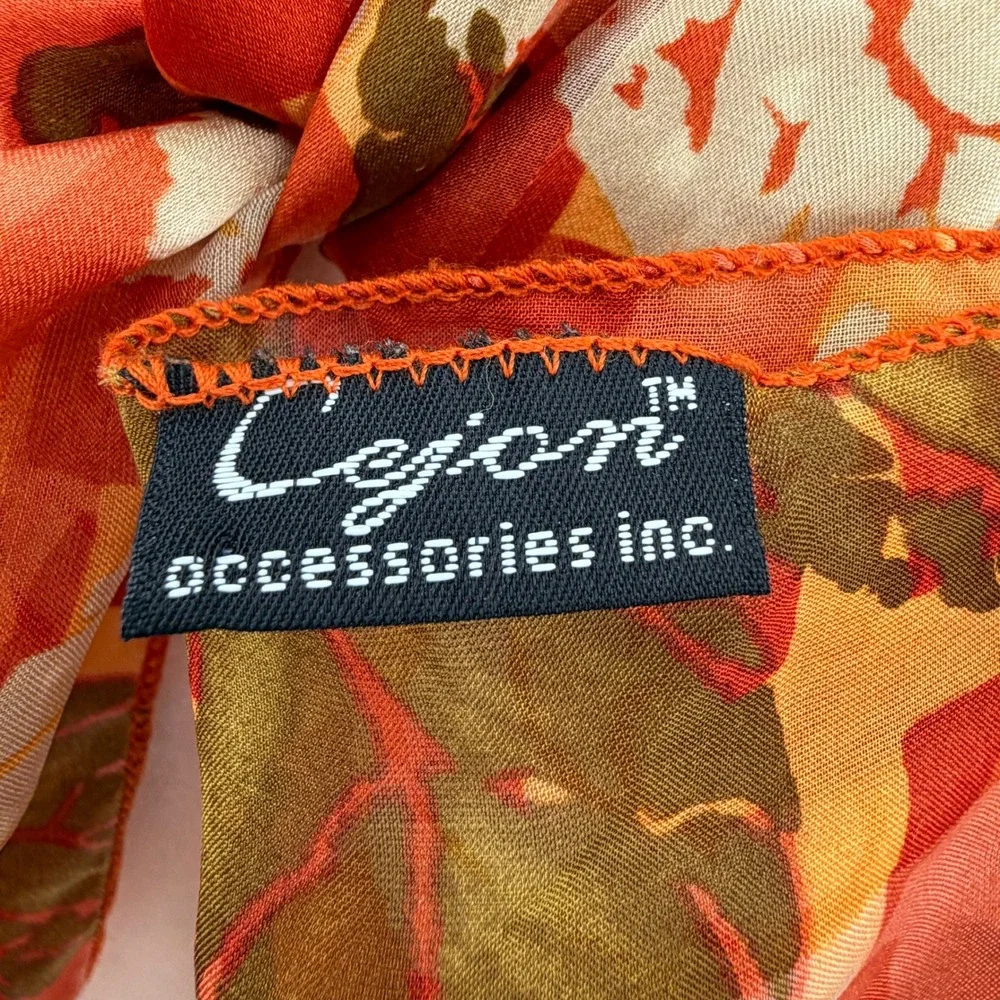 100% Silk Scarf Orange Autumn Leaf Print Cejon Accessories Made in USA 56x10 in
